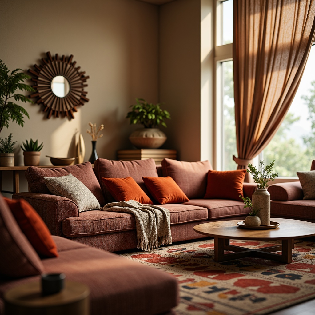 Prompt: Cozy living room, plush throw pillows, soft velvet upholstery, warm beige walls, natural wood flooring, comfortable sectional sofas, vibrant colorful textiles, intricate geometric patterns, delicate lace trim, elegant drapery, subtle sheen fabrics, ambient warm lighting, shallow depth of field, 1/1 composition, realistic textures, ambient occlusion.