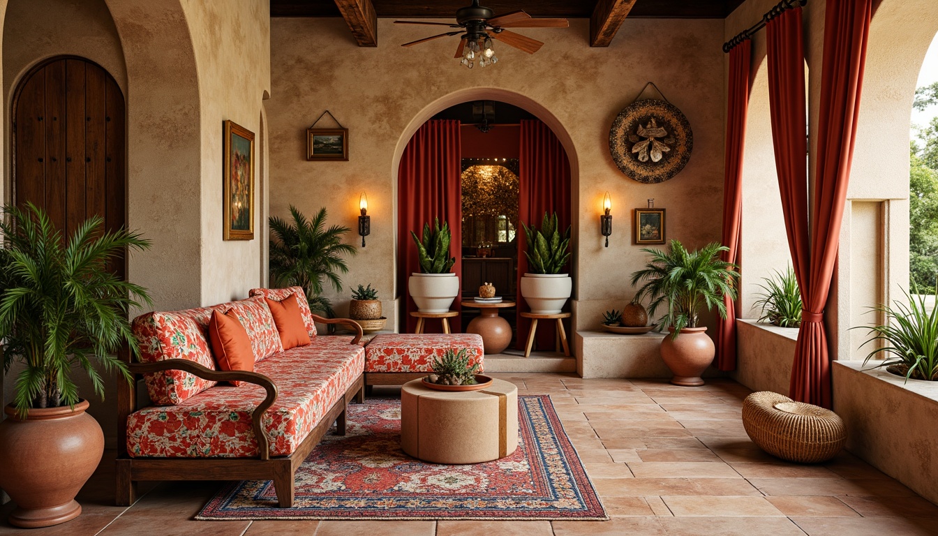 Prompt: Vibrant Mediterranean-inspired fabrics, ornate ceramic tiles, distressed wood accents, natural linen textures, warm earthy tones, soft suede upholstery, colorful Moroccan patterns, intricate geometric motifs, luxurious silk drapes, rustic stone walls, sun-kissed terracotta pots, lush greenery, warm golden lighting, shallow depth of field, 3/4 composition, realistic textures, ambient occlusion.