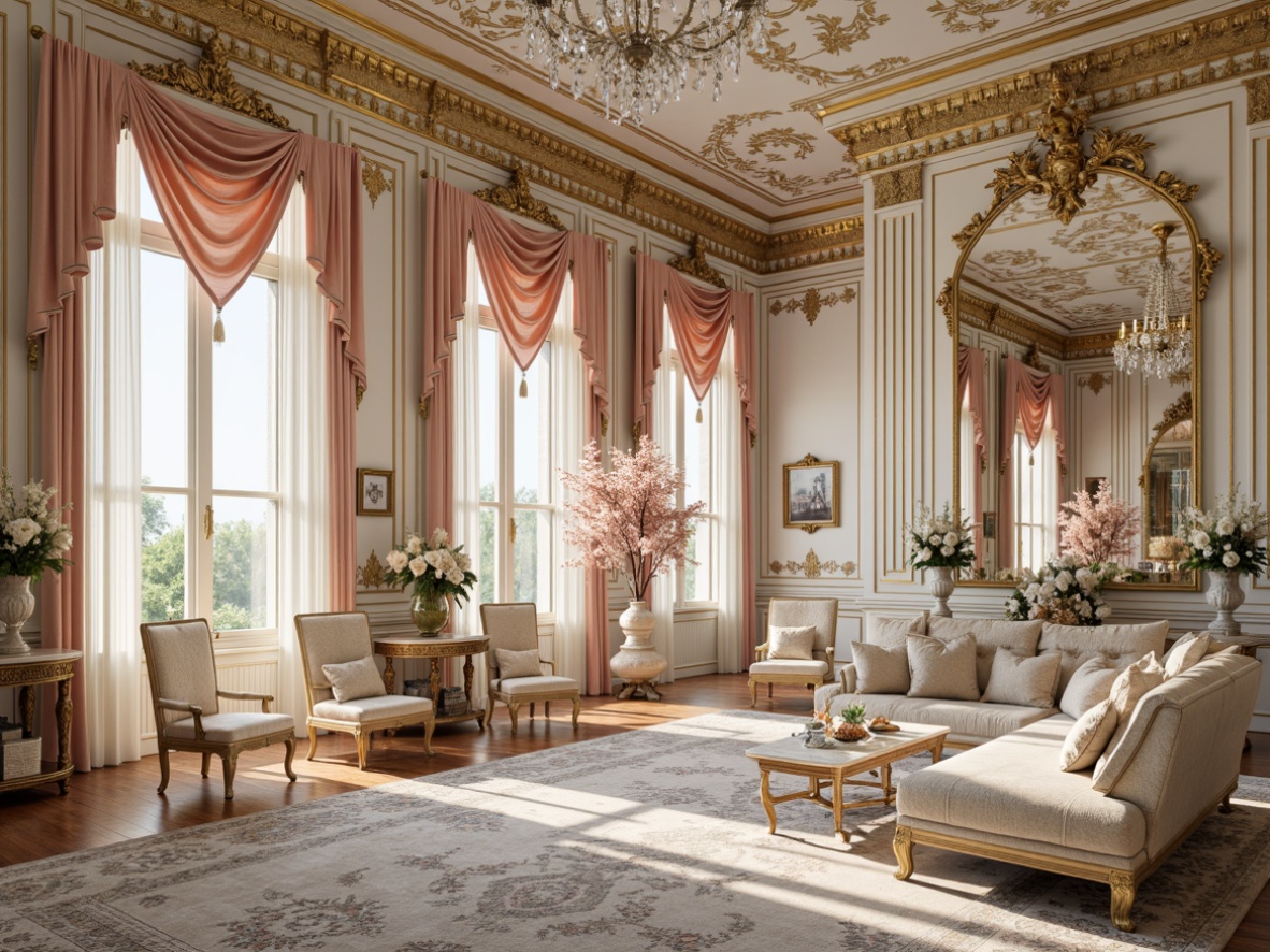 Prompt: Opulent Rococo interior, lavish golden accents, soft creamy whites, rich velvet fabrics, intricate carvings, ornate mirrors, delicate lace patterns, pastel pink hues, pale blue undertones, warm beige tones, luxurious silk textures, ornamental flowers, sparkling crystal chandeliers, subtle sheen finishes, elegant curved lines, French Renaissance influences, sophisticated ambiance, softbox lighting, shallow depth of field, 2/3 composition, realistic reflections, ambient occlusion.