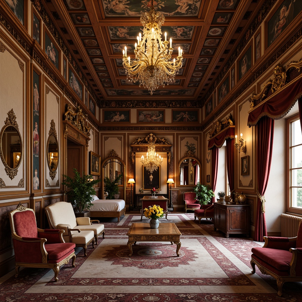 Prompt: Richly ornate Renaissance-style interior, lavish furnishings, intricately carved wooden chairs, luxurious velvet upholstery, golden accents, grand chandeliers, ornamental mirrors, frescoed ceilings, marble floors, statuesque decorative elements, regal color palette, dramatic drapery, majestic four-poster beds, antique furniture pieces, vintage accessories, classical architectural details, soft warm lighting, shallow depth of field, 1/2 composition, realistic textures, ambient occlusion.