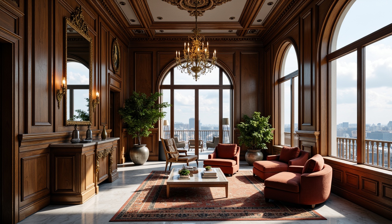 Prompt: Elegant loft space, ornate details, Rococo style, curved lines, intricate carvings, gilded accents, lavish furnishings, plush velvet fabrics, soft golden lighting, grand chandelier, marble floors, ornamental mirrors, delicate filigree patterns, rich wood tones, carved wooden paneling, French doors, Juliet balcony, cityscape views, cloudy blue sky, dramatic shadows, 1/1 composition, warm color palette, realistic textures, ambient occlusion.