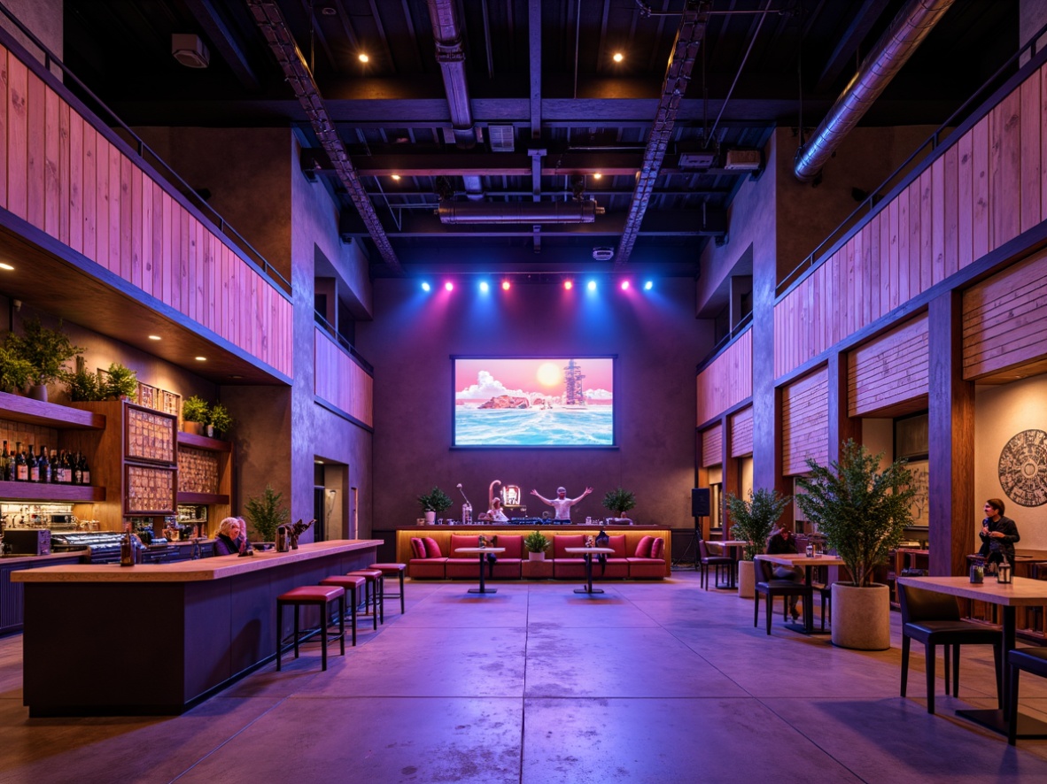 Prompt: Vibrant music venue, open space layout, high ceilings, polished concrete floors, soundproofing walls, professional stage lighting, audio equipment, mixing consoles, drum sets, guitar amplifiers, microphone stands, comfortable seating areas, rustic wooden bars, modern LED installations, dynamic color schemes, urban industrial atmosphere, exposed ductwork, flexible seating arrangements, clear sightlines, minimal obstacles, excellent acoustics, warm ambiance, dramatic spotlights, 1/2 composition, shallow depth of field, realistic textures.