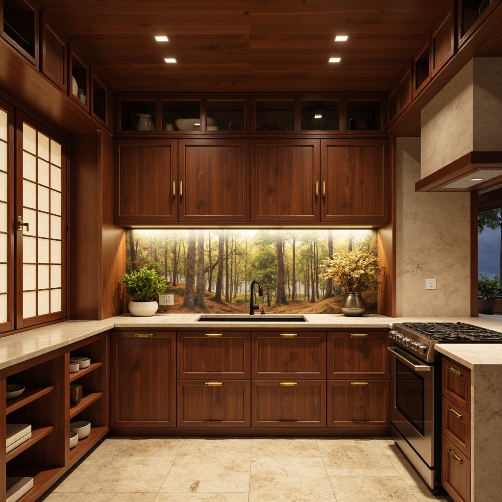 Prompt: Richly stained wood cabinetry, ornate metal hardware, subtle golden accents, soft warm lighting, traditional Japanese shoji screens, natural stone countertops, bamboo flooring, serene forest-inspired wallpaper, sliding doors with rice paper inserts, minimalist storage solutions, compact appliances, concealed LED lighting, 1/1 composition, realistic wood textures, ambient occlusion.