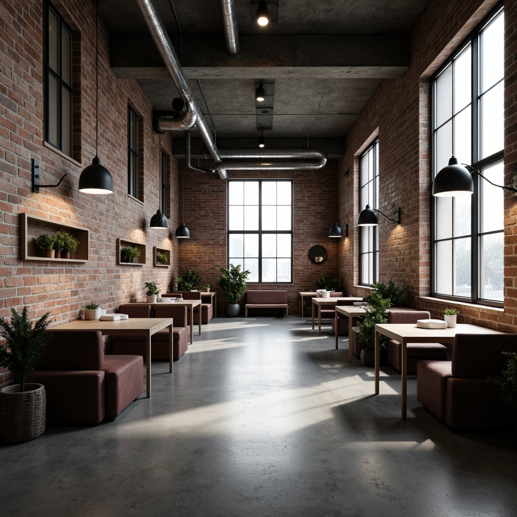 Prompt: Minimalist dormitory, industrial-style pipes, exposed brick walls, polished concrete floors, steel-framed windows, geometric-shaped furniture, functional lighting fixtures, cylindrical lampshades, matte metal finishes, adjustable arm lamps, spherical pendant lights, asymmetrical compositions, high-contrast color schemes, dramatic shadows, low-key ambient lighting, 1/2 composition, realistic materials, subtle textures.