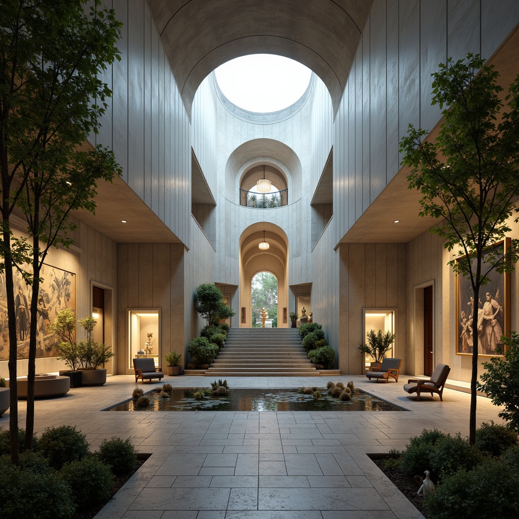 Prompt: Futuristic monastery, sleek metallic structures, curved lines, minimalist architecture, sacred artifacts, ornate murals, vaulted ceilings, grand chapels, tranquil courtyards, lush greenery, peaceful water features, soft warm lighting, shallow depth of field, 3/4 composition, panoramic view, realistic textures, ambient occlusion, futuristic furniture, holographic projections, levitating objects, atmospheric misting systems, cyberpunk-inspired decor, neon accents, avant-garde sculptures.