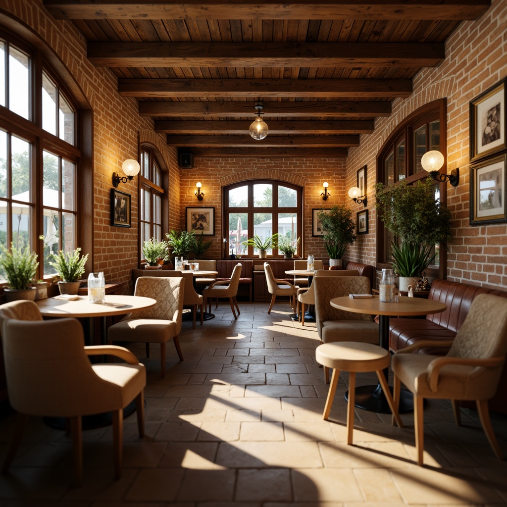 Prompt: Cozy breakfast nook, elegant wooden tables, comfortable cushioned chairs, soft warm lighting, natural stone flooring, rustic brick walls, vintage academic decorations, rich wood tones, classic library lamps, intimate seating arrangement, 3/4 composition, shallow depth of field, warm beige colors, earthy textiles, traditional ornate patterns, morning sunlight, inviting atmosphere.