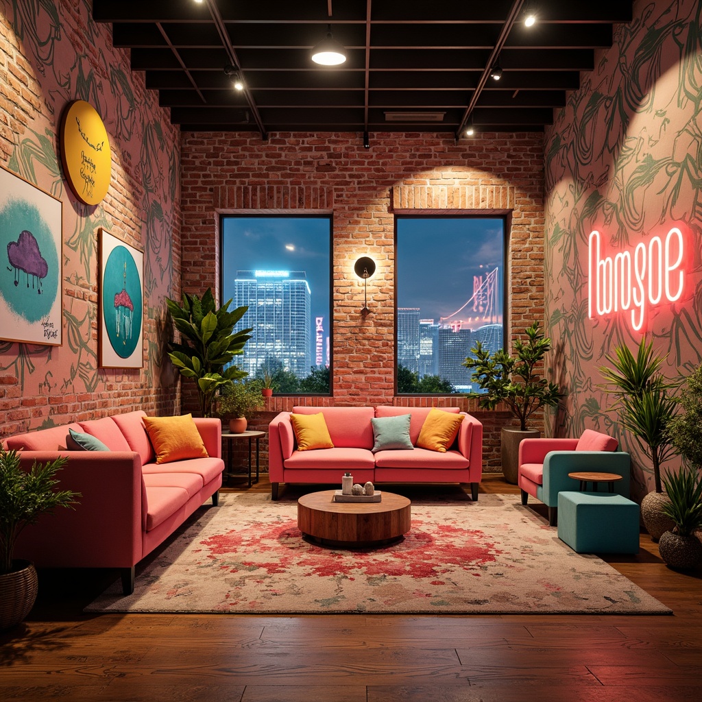 Prompt: Vibrant design studio, modern artistic space, eclectic furniture pieces, bold color accents, pastel hues, neon lights, urban cityscape, graffiti-inspired walls, trendy decor elements, geometric patterns, abstract artwork, warm golden lighting, shallow depth of field, 1/1 composition, realistic textures, ambient occlusion.