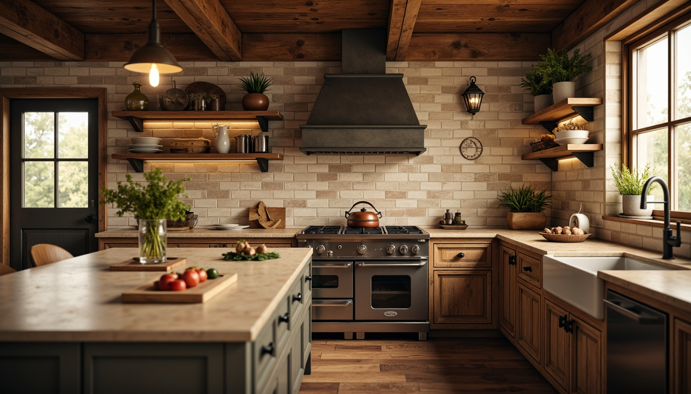 Prompt: Rustic kitchen, vintage decor, distressed wood cabinets, earthy color palette, natural stone backsplash, subway tiles, brick patterns, industrial lighting fixtures, metallic accents, reclaimed wood shelves, farmhouse sink, apron-front cabinetry, warm beige countertops, soft golden lighting, shallow depth of field, 1/2 composition, realistic textures, ambient occlusion.