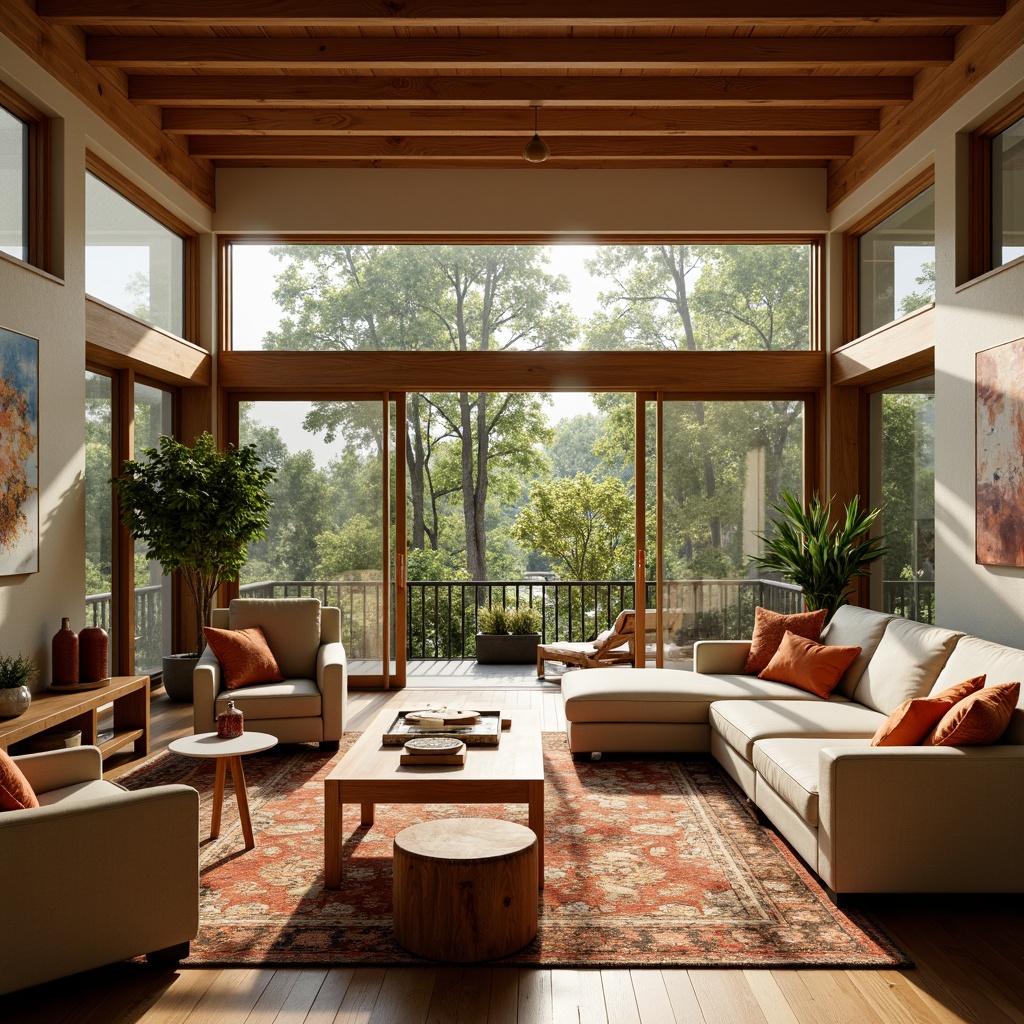 Prompt: Cozy family room, warm earth tones, rich wood accents, plush furniture, soft cushions, calming beige walls, vibrant throw pillows, natural textiles, inviting atmosphere, abundant natural light, large windows, sliding glass doors, lush greenery views, warm golden lighting, shallow depth of field, 3/4 composition, realistic textures, ambient occlusion.