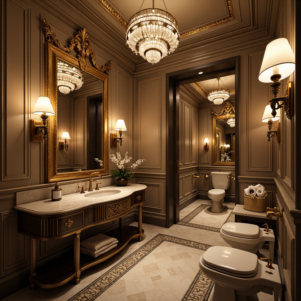 Prompt: Elegant powder room, ornate mirrors, luxurious countertops, soft warm lighting, crystal chandeliers, bronze sconces, frosted glass shades, elegant metal fixtures, subtle sparkle, ambient glow, sophisticated color palette, rich textures, intricate moldings, refined architectural details, harmonious proportions, serene atmosphere, shallow depth of field, 1/1 composition, realistic reflections, high-contrast lighting.