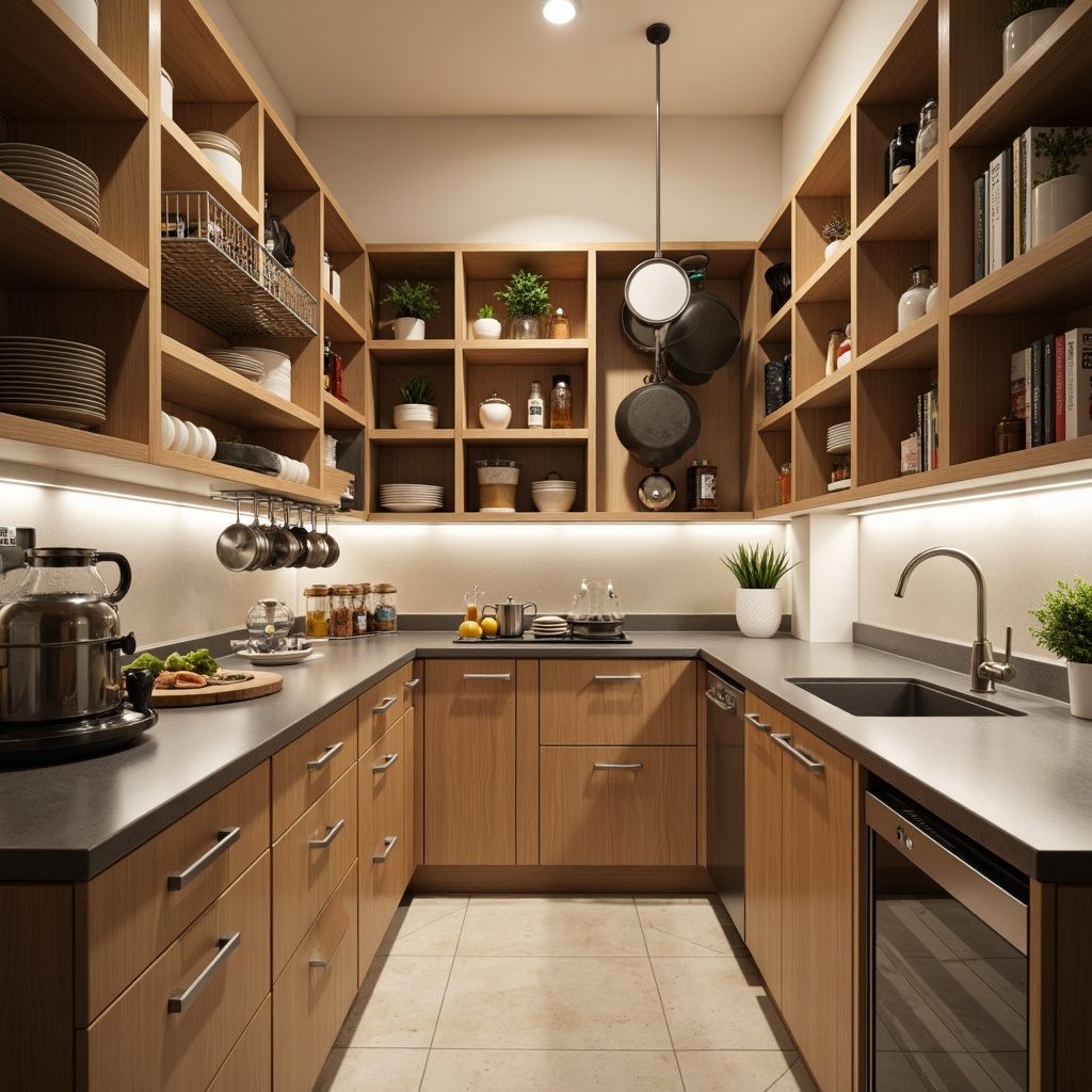 Prompt: Cozy pantry interior, compact shelving units, adjustable storage baskets, vertical spice racks, wall-mounted pot lid holders, retractable drawer organizers, corner carousel systems, sleek metal countertops, under-sink storage cabinets, LED strip lighting, warm beige color scheme, 1/1 composition, shallow depth of field, softbox lighting, realistic textures.