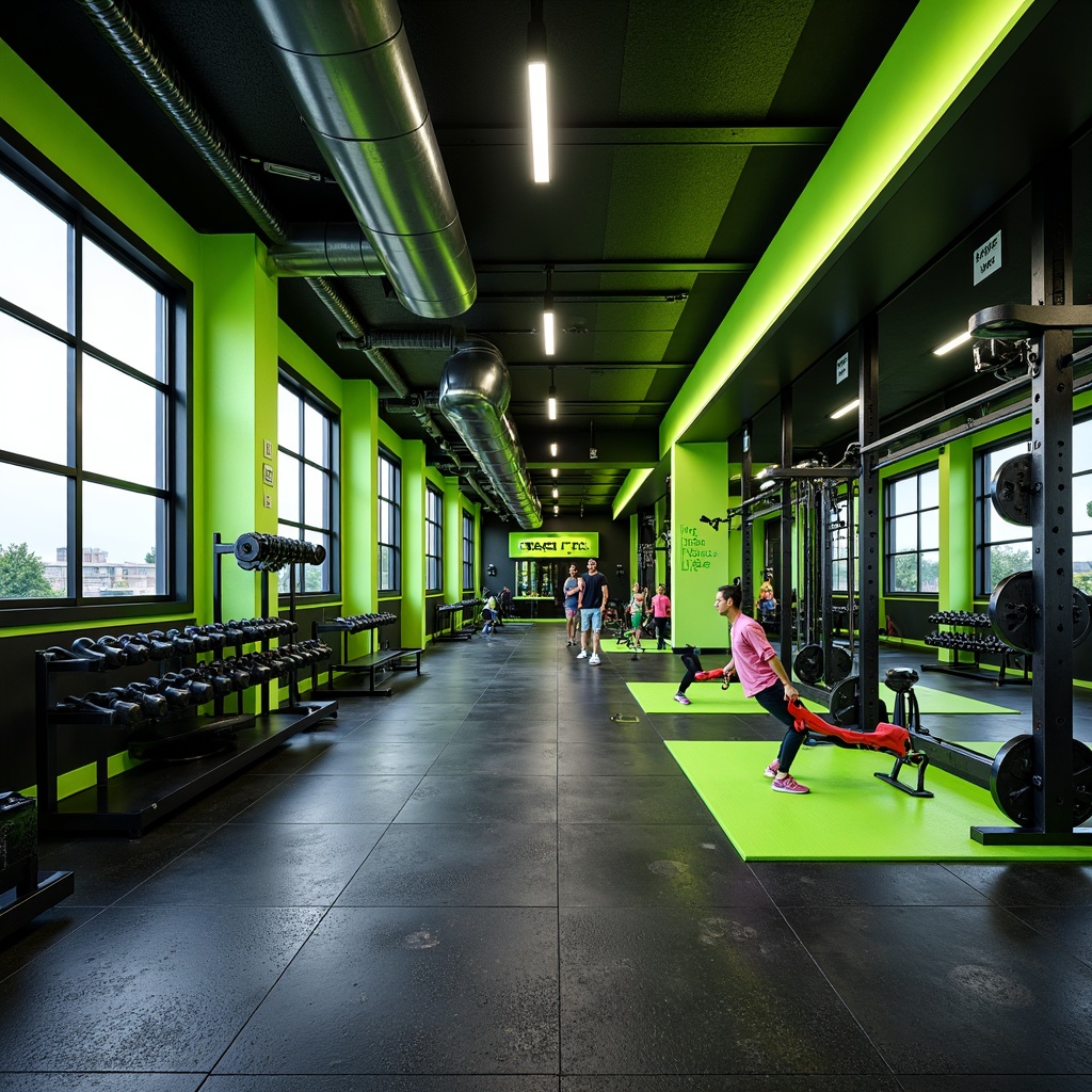 Prompt: Vibrant home gym, bold athletic colors, neon green accents, dark grey flooring, industrial-style metal equipment, motivational quotes, modern LED lighting, high-energy atmosphere, dynamic shapes, sleek mirrors, rubberized flooring, energetic color scheme, contrasting textures, futuristic design elements, metallic accents, stimulating ambiance, bright natural light, 3/4 composition, shallow depth of field, realistic reflections.