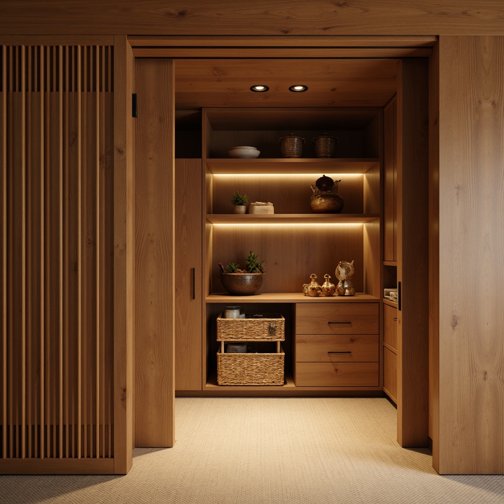 Prompt: Asian-style pantry, warm wood tones, sliding doors, modern minimalist design, innovative shelving systems, adjustable storage units, wicker baskets, natural fiber textiles, earthy color palette, subtle lighting, 3/4 composition, soft focus, realistic textures, ambient occlusion.