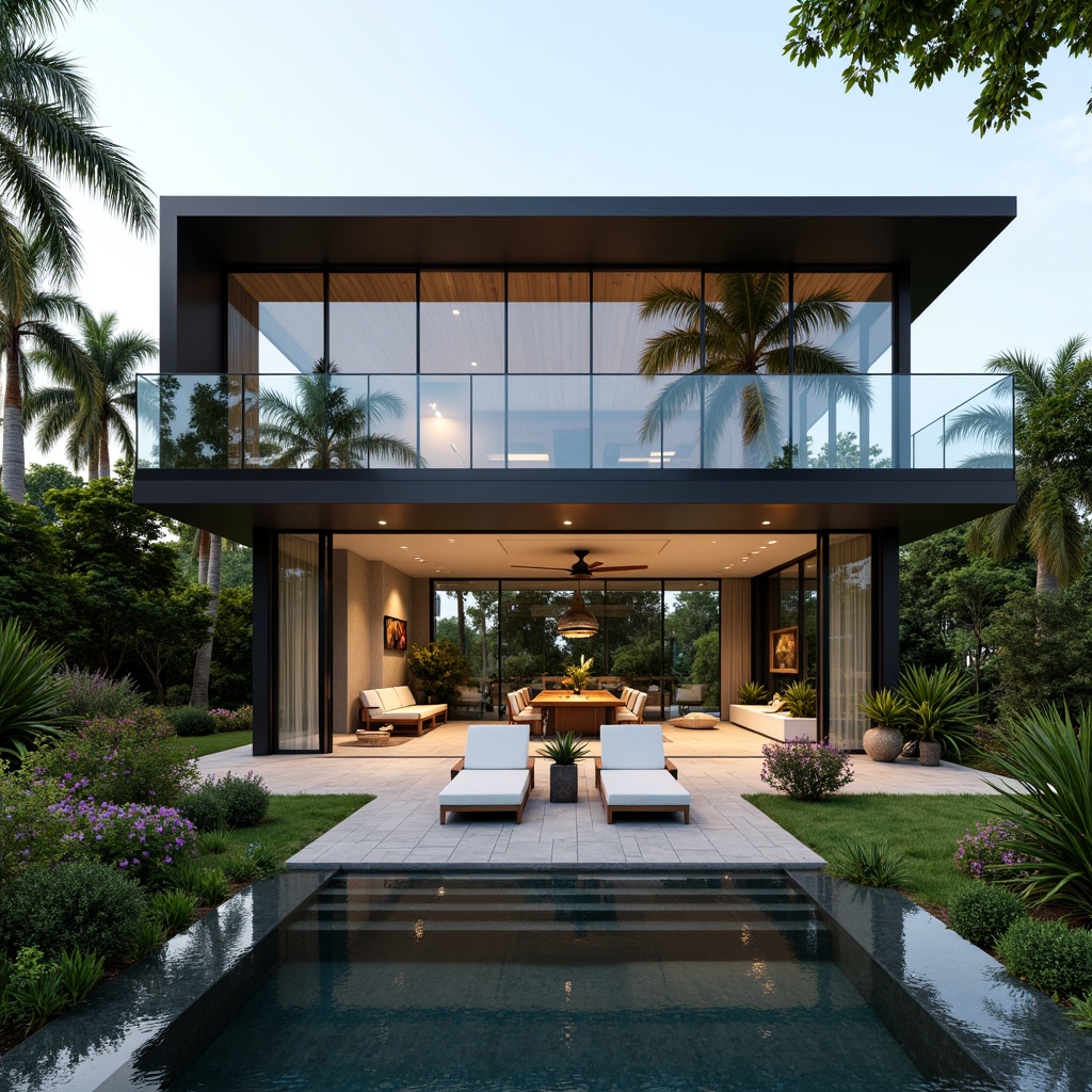 Prompt: Elegant modern villa, sleek glass facade, large windows, sliding glass doors, minimalist interior design, open-plan living area, polished concrete floors, industrial-style lighting fixtures, abundant natural light, airy atmosphere, lush greenery, vibrant flowers, tropical plants, tranquil water features, subtle warm lighting, shallow depth of field, 3/4 composition, realistic textures, ambient occlusion.