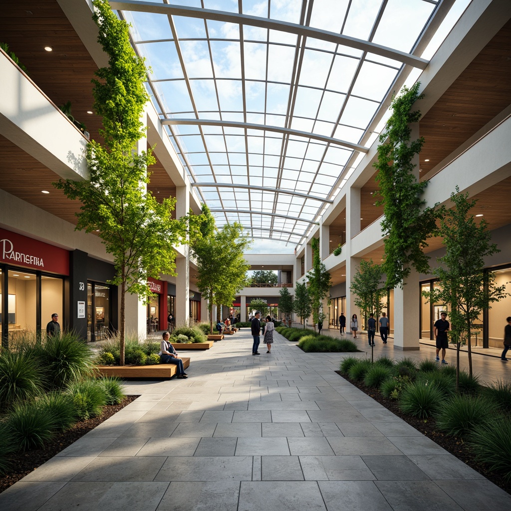 Prompt: Spacious shopping mall, high ceilings, clerestory windows, skylights, transparent roofs, natural stone floors, minimalist interior design, open atriums, lush greenery, living walls, vertical gardens, ample daylight, soft warm lighting, shallow depth of field, 3/4 composition, panoramic view, realistic textures, ambient occlusion.