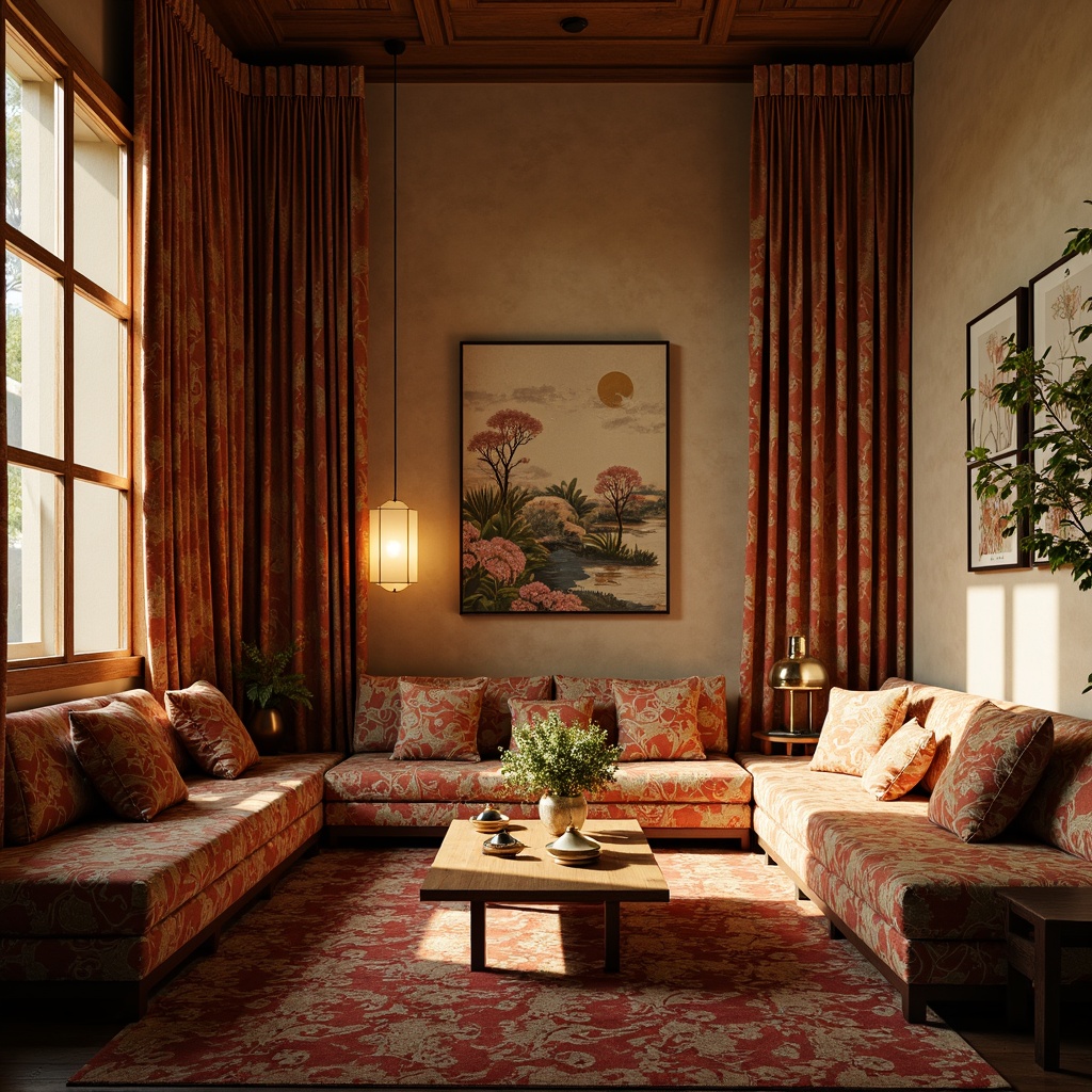 Prompt: Richly patterned silk fabrics, intricately embroidered kimono-inspired upholstery, luxurious velvet drapes, ornate wooden accents, subtle golden lighting, warm beige walls, sleek low-seating areas, minimalist coffee tables, stylized Japanese motifs, natural fiber rugs, hand-painted ceramic vases, delicate bamboo elements, lush greenery, moody atmospheric music, soft warm glow, shallow depth of field, 2/3 composition, cinematic color palette, detailed textures, ambient occlusion.