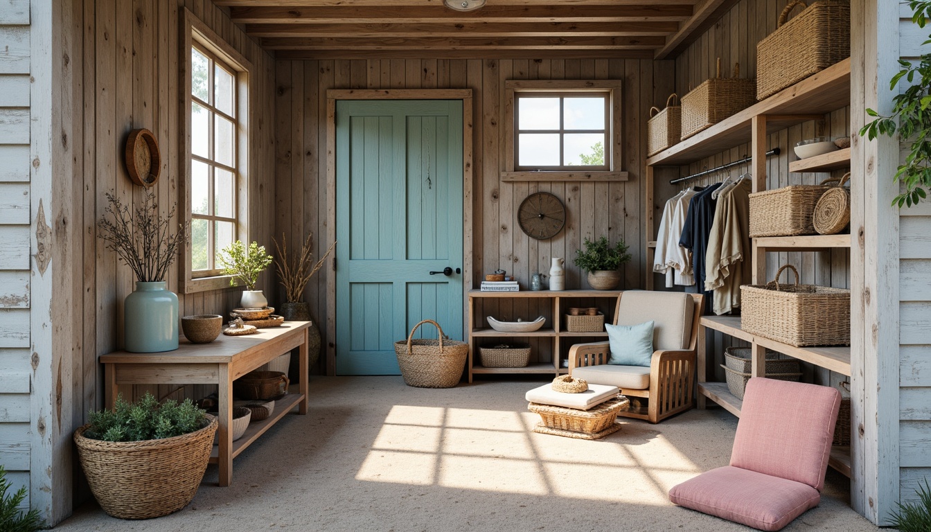 Prompt: \Coastal storage room, weathered wood accents, ocean-inspired blues, sandy beige tones, coral pink highlights, natural textiles, woven baskets, nautical ropes, distressed finishes, soft warm lighting, shallow depth of field, 1/1 composition, realistic textures, ambient occlusion.\