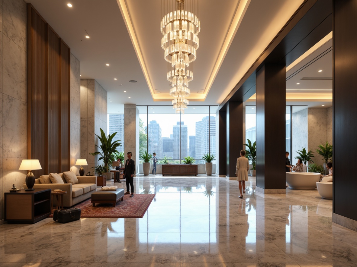 Prompt: Luxurious hotel lobby, sleek modern architecture, polished marble floors, minimalist decor, floor-to-ceiling windows, crystal chandeliers, pendant lamps, recessed lighting, warm ambiance, soft glow, 3/4 composition, shallow depth of field, panoramic view, realistic textures, ambient occlusion, elegant guest rooms, plush carpets, comfortable furnishings, stylish bedside lamps, subtle LED strips, sophisticated ceiling fixtures, lavish bathrooms, freestanding tubs, rainfall showerheads, chrome faucets, ambient natural light, warm white color scheme.