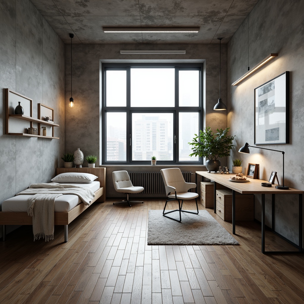 Prompt: Minimalist dorm room, industrial aesthetic, functional furniture, clean lines, monochromatic color scheme, geometric shapes, metallic accents, raw concrete walls, polished wooden floors, Bauhaus-inspired lighting fixtures, minimalist decorative pieces, sparse greenery, abundant natural light, airy atmosphere, shallow depth of field, 1/1 composition, realistic textures, ambient occlusion.