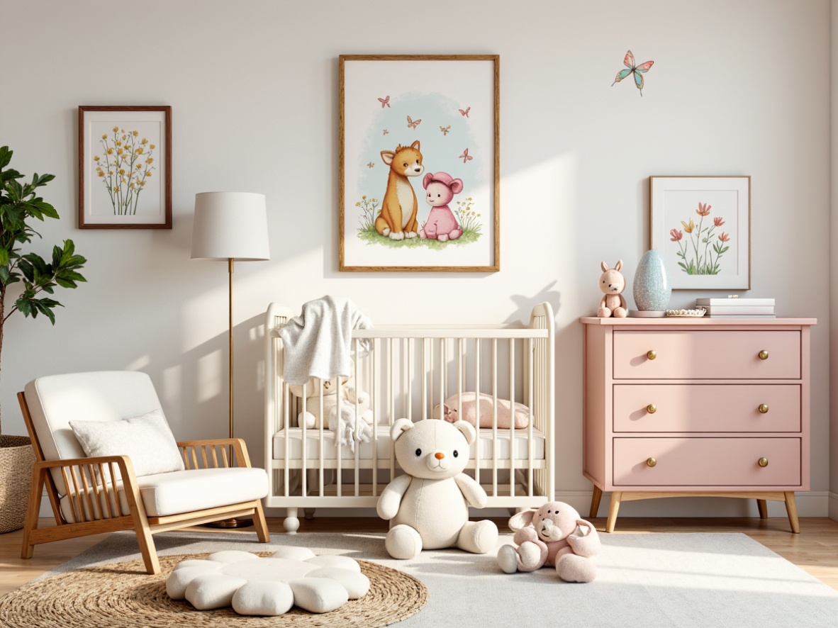 Prompt: Whimsical baby nursery, soft pastel colors, gentle floral patterns, adorable cartoon characters, playful polka dots, delicate butterflies, sweet baby animals, tender mother-and-baby scenes, warm wooden wall art, distressed finishes, ornate gold frames, creamy white textures, dreamy cloud-shaped decorations, airy light-filled space, natural fiber rugs, plush toys, 1/2 composition, soft focus effect, realistic shading.