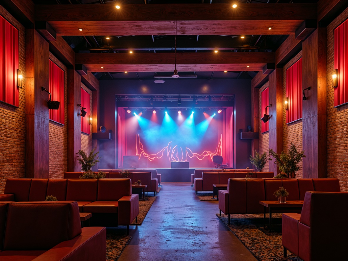 Prompt: Vibrant music venue, rich wood tones, warm golden lighting, cozy velvet drapes, luxurious leather seats, metallic accents, abstract soundwave patterns, dynamic stage lights, electric blue hues, deep crimson reds, urban industrial architecture, exposed brick walls, polished concrete floors, modern minimalist decor, atmospheric fog effects, dramatic spotlights, 3/4 composition, shallow depth of field, cinematic color grading.