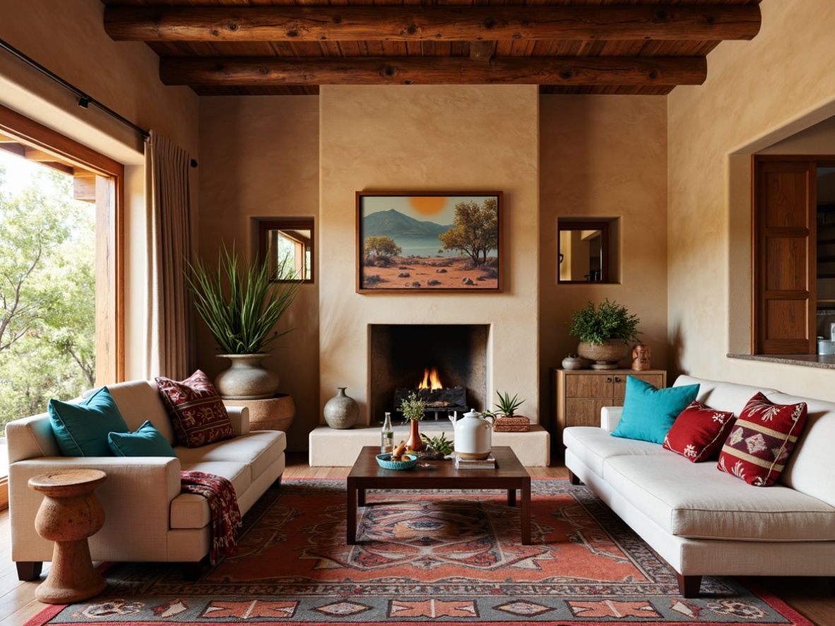 Prompt: Vibrant turquoise accents, woven wool rugs, natural fiber upholstery, terracotta pottery, earthy adobe walls, rustic wooden beams, bold geometric patterns, Navajo-inspired blankets, colorful kilim pillows, soft suede fabrics, woven baskets, desert botanical prints, warm ambient lighting, 1/1 composition, shallow depth of field, realistic textures.