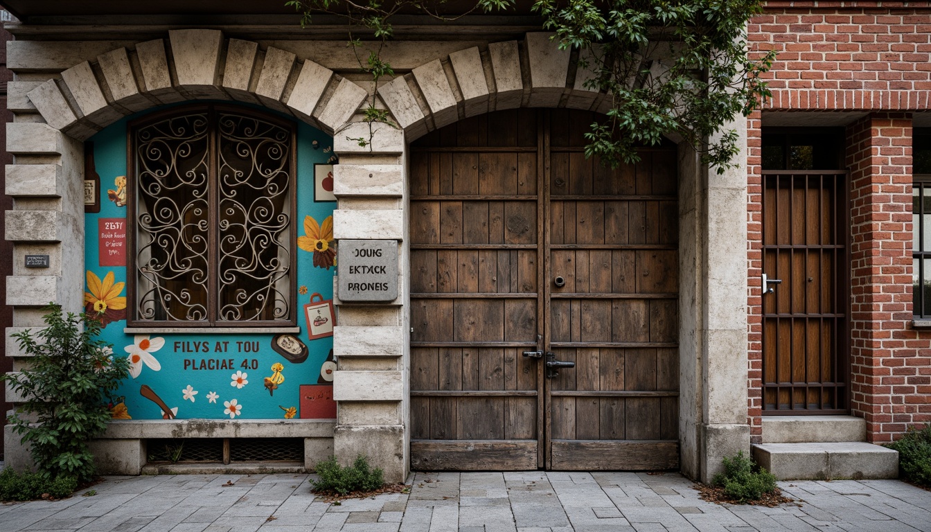 Prompt: Rustic stone walls, distressed wooden planks, aged brick facades, ornate metal gates, vibrant street art murals, peeling paint, crumbling concrete, ivy-covered surfaces, worn-out doorways, faded signage, vintage advertisements, nostalgic memorabilia, atmospheric lighting, warm color palette, shallow depth of field, 1/1 composition, realistic textures, ambient occlusion.