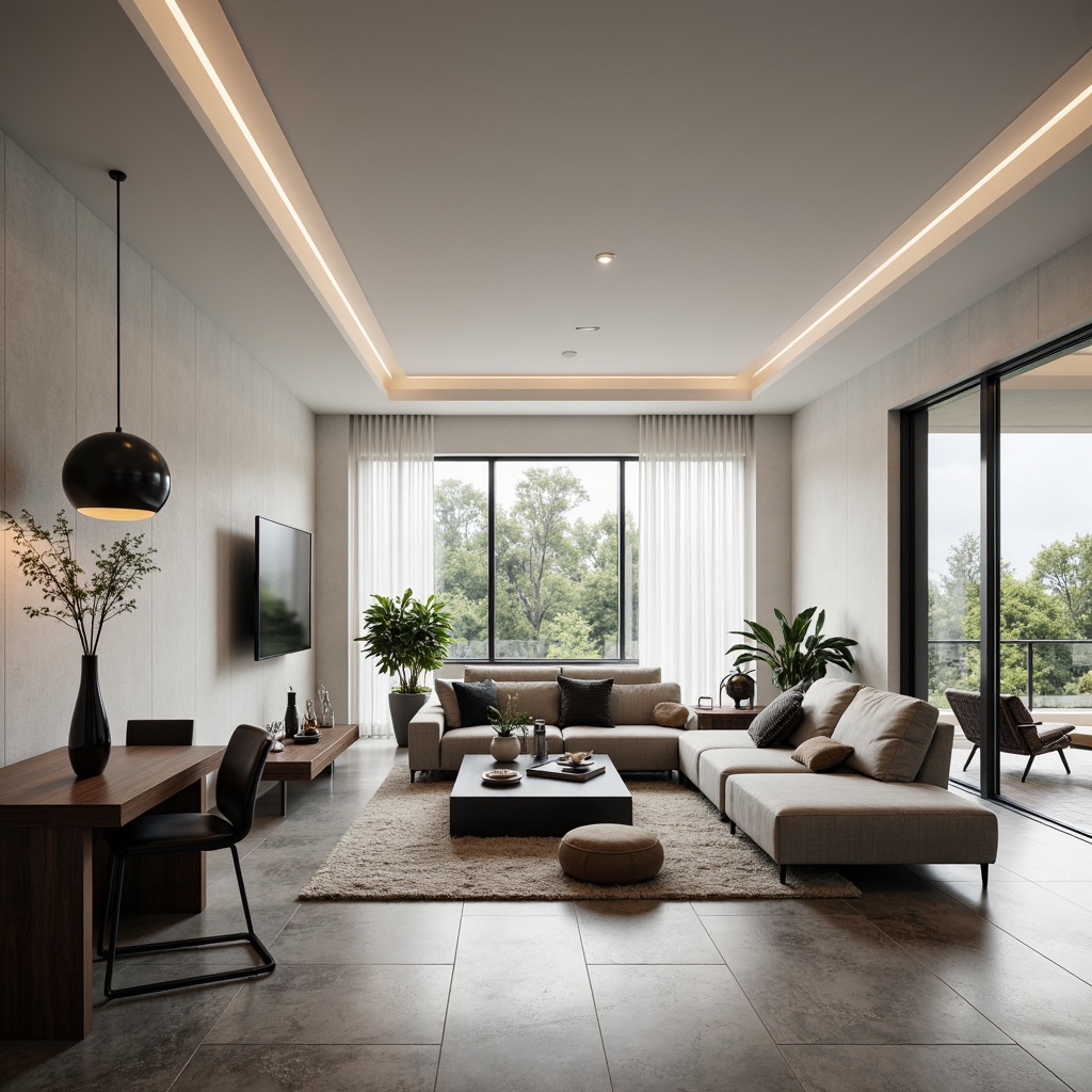 Prompt: Modern living room, sleek lines, minimalist decor, polished concrete floors, white walls, floor-to-ceiling windows, natural light, ambient illumination, pendant lamps, spherical shades, matte black finishes, industrial-chic metal accents, warm cozy atmosphere, soft indirect lighting, LED strips, recessed lighting, 1/1 composition, shallow depth of field, realistic textures.