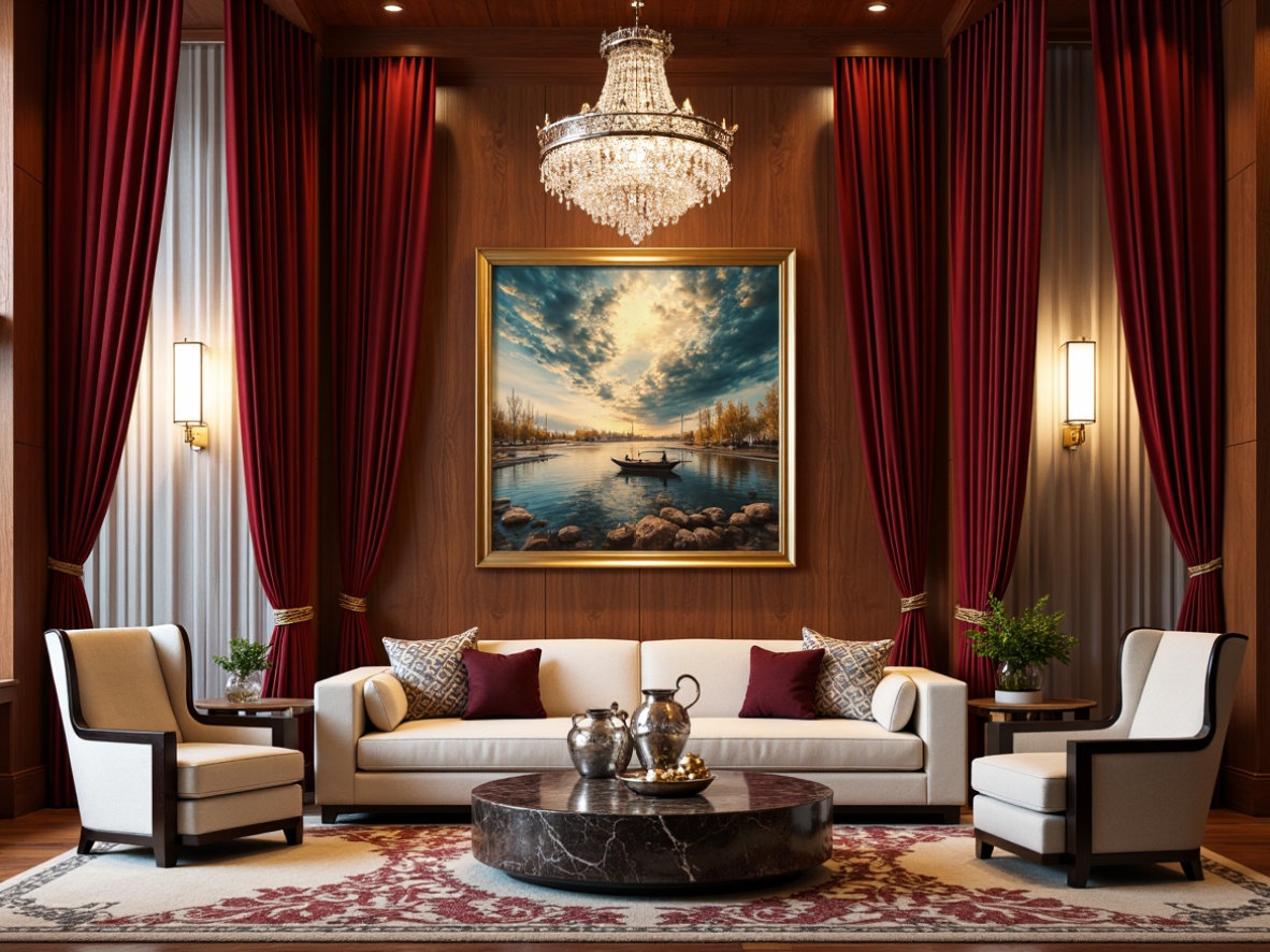 Prompt: Luxurious velvet drapes, ornate gold frames, elegant crystal chandeliers, rich wood tones, refined marble surfaces, sophisticated metallic accents, plush area rugs, vibrant abstract artwork, decorative vases, intricate patterns, soft warm lighting, shallow depth of field, 1/1 composition, realistic textures, ambient occlusion.