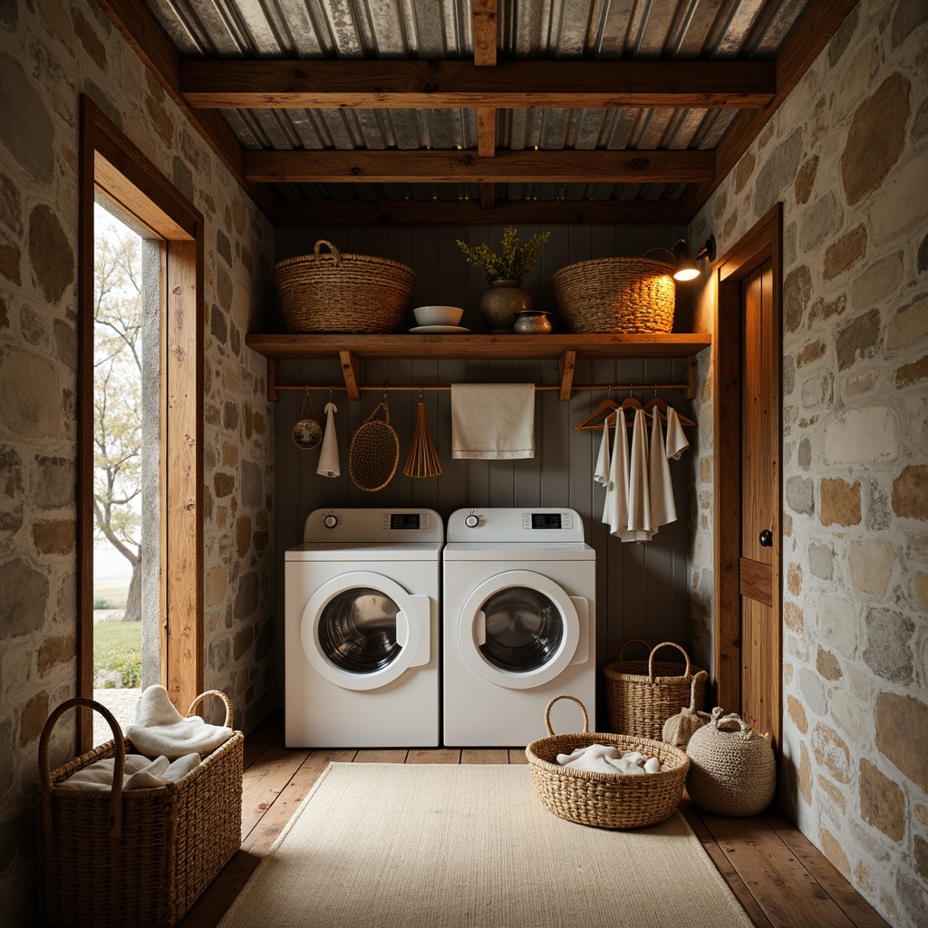 Prompt: Rustic laundry shed, wooden clapboard exterior, corrugated metal roof, vintage washing machines, woven wicker baskets, distressed stone walls, earthy tone color palette, natural linen fabrics, soft warm lighting, shallow depth of field, 1/1 composition, intimate interior view, realistic textures, ambient occlusion.