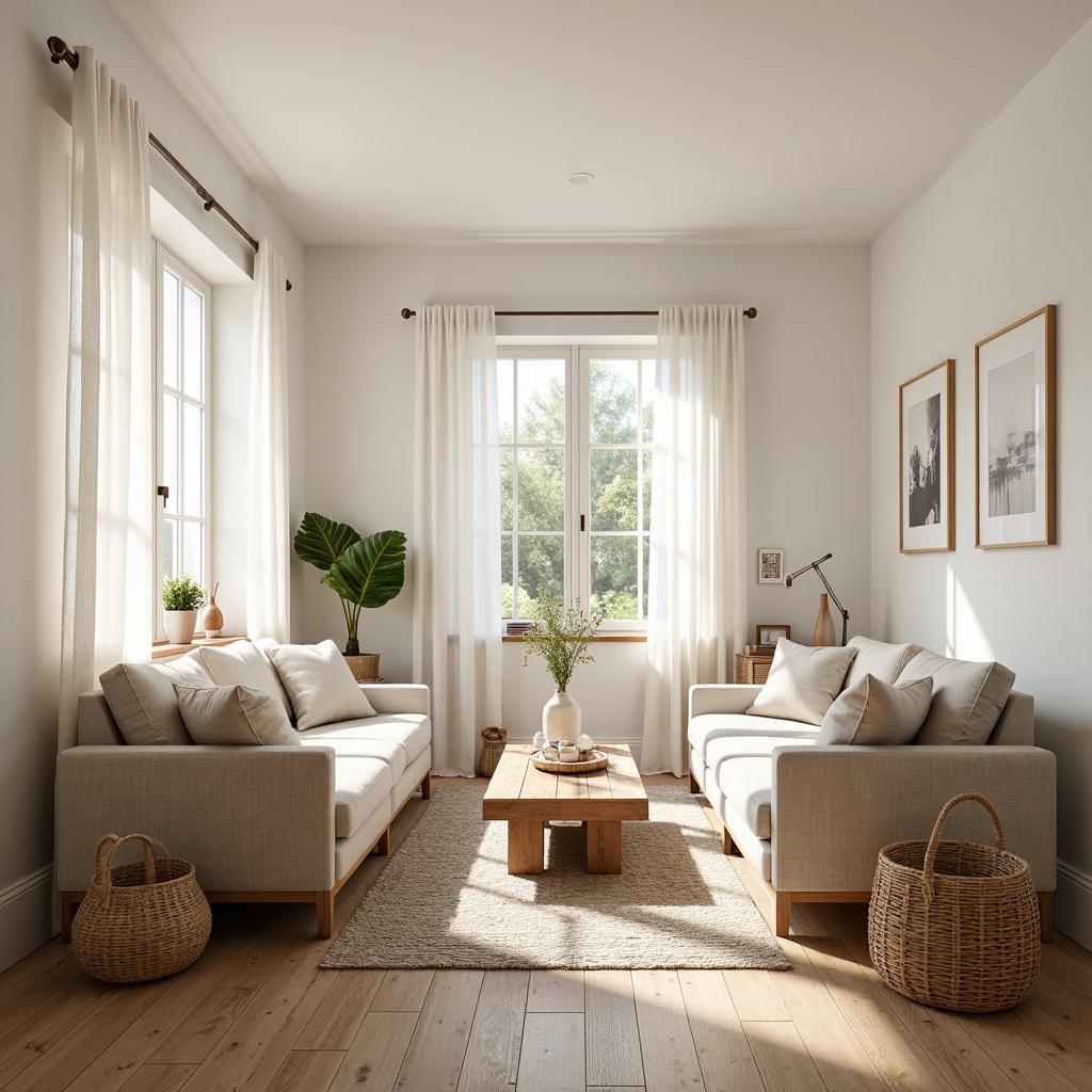 Prompt: Light-filled living room, minimalist decor, wooden floorboards, natural textiles, woven baskets, simplicity-driven furniture design, clean-lined sofas, solid wood coffee tables, woven rattan chairs, earthy color palette, creamy whites, soft grays, beige tones, natural fabrics, linen upholstery, subtle patterned rugs, cozy throw blankets, warm ambient lighting, softbox shadows, shallow depth of field, 1/1 composition, realistic textures, ambient occlusion.