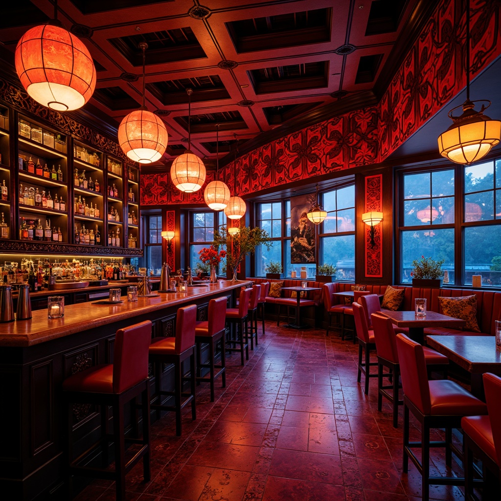 Prompt: Vibrant bar scene, neon lights, dark wood accents, rich red tones, deep blues, golden yellows, bold black outlines, ornate carvings, luxurious fabrics, intricate patterns, Asian-inspired motifs, lacquered finishes, subtle sheen, warm atmospheric lighting, shallow depth of field, 1/1 composition, realistic textures, ambient occlusion.