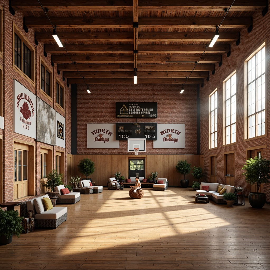 Prompt: Rustic gymnasium interior, exposed wooden beams, distressed brick walls, vintage athletic equipment, classic scoreboard displays, rich wood flooring, metal bleachers, natural light pouring in, warm atmosphere, cozy nooks, eclectic decorative accents, industrial-chic lighting fixtures, modern minimalist seating areas, flexible modular partitions, dynamic spatial flow, airy open spaces, 1/2 composition, shallow depth of field, soft warm lighting, realistic textures.