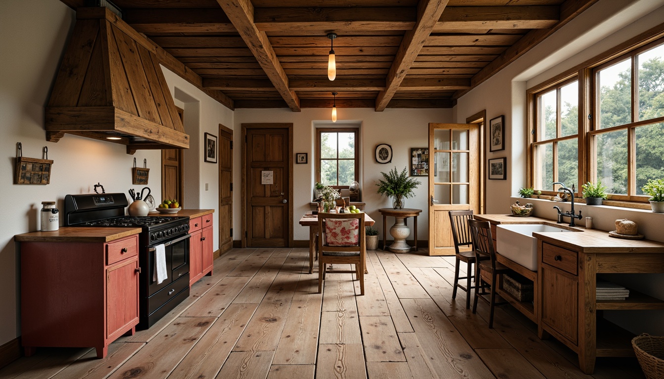 Prompt: Rustic kitchen, wooden beams, earthy tones, natural materials, warm ambiance, vintage appliances, farmhouse sink, brick-red accents, distressed wood flooring, wide plank boards, reclaimed wood, matte finish, soft warm lighting, cozy atmosphere, traditional design, country-inspired decor, worn wooden textures, organic patterns.