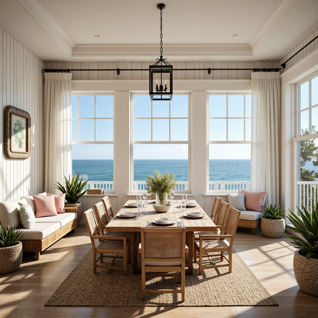 Prompt: Coastal style dining room, calming ocean views, soft sandy neutrals, weathered wood accents, distressed finishes, nautical navy blues, crisp whites, warm beige tones, sea-glass greens, coral pinks, sunny yellow hues, natural textiles, woven rattan chairs, jute rug, driftwood decor, porthole windows, lantern-style lighting, airy open space, 1/1 composition, softbox illumination, realistic wood grain, subtle ocean breeze.