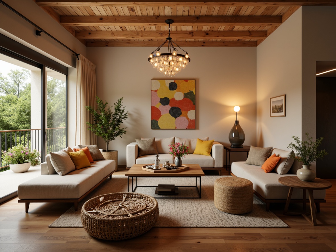 Prompt: Cozy living room, plush sofas, velvety armchairs, wooden coffee tables, woven baskets, soft cushions, elegant chandeliers, warm beige walls, polished hardwood floors, modern minimalist decor, ambient lighting, comfortable seating arrangements, natural textiles, ergonomic designs, vibrant colorful accents, decorative vases, fresh greenery, relaxing atmosphere, 1/2 composition, shallow depth of field, realistic reflections.