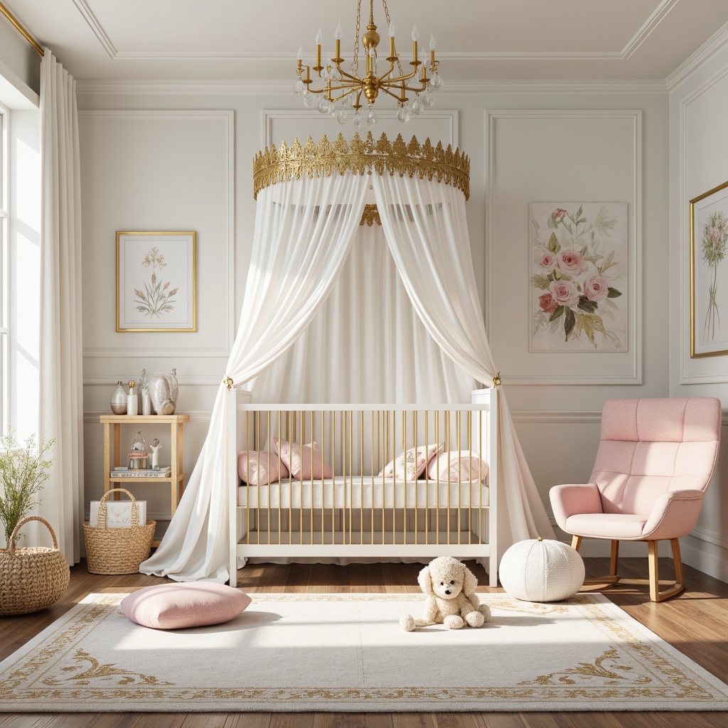 Prompt: Soft pastel hues, creamy whites, gentle pinks, baby blues, warm beige, luxurious gold accents, metallic silvers, ornate patterns, geometric shapes, elegant typography, sophisticated details, nursery furniture, crib canopies, plush toys, soft fabrics, velvet textures, subtle sheen, delicate lace, vintage inspirations, 1920s glamour, opulent decorations, lavish accessories, intimate ambiance, warm lighting, shallow depth of field, 1/2 composition, realistic renderings.