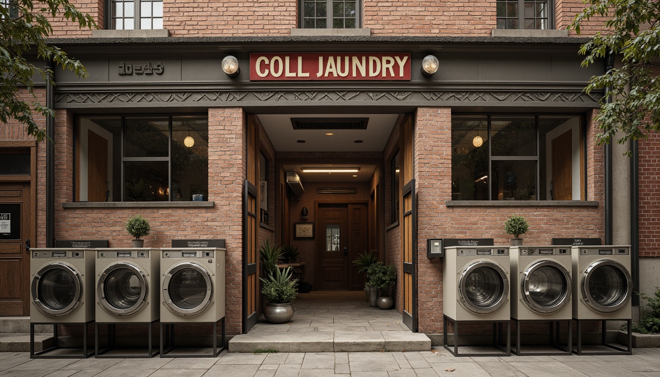 Prompt: Vintage laundry building, distressed brick facade, ornate metal cornice, rustic wooden doors, decorative stonework, industrial-style windows, exposed ductwork, concrete flooring, antique washing machines, retro-style signage, nostalgic color palette, warm soft lighting, shallow depth of field, 1/2 composition, realistic textures, ambient occlusion.