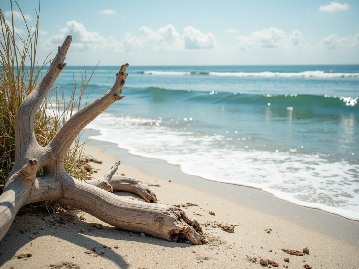 Prompt: Calming ocean waves, soft sandy beaches, weathered driftwood, nautical ropes, distressed finishes, serene blue hues, creamy whites, warm beiges, sea-salt sprays, misty mornings, gentle sunlight, rustic wooden accents, natural linen textures, organic shapes, free-flowing brushstrokes, effortless elegance, 1/2 composition, warm color harmony, soft focus, ambient lighting.