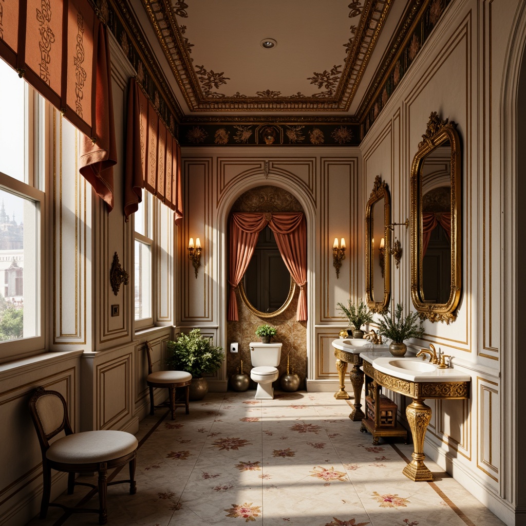 Prompt: Richly ornamented powder room, soft warm lighting, luxurious velvet fabrics, ornate gold frames, antique furniture pieces, elegant marble countertops, subtle floral patterns, muted pastel colors, sophisticated academic style, traditional European influences, refined ornateness, exquisite details, 1/1 composition, shallow depth of field, realistic textures, ambient occlusion.