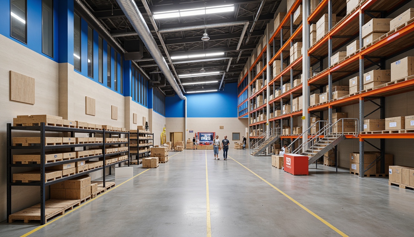 Prompt: Industrial distribution center, exposed ductwork, polished concrete floors, neutral beige walls, pops of vibrant blue accents, warm task lighting, high ceilings, open shelving units, modern metal racking systems, sleek epoxy resin coatings, metallic silver tones, bold typography signage, natural wood textures, functional minimalism, 1/2 composition, softbox lighting, subtle gradient effects, realistic reflections.