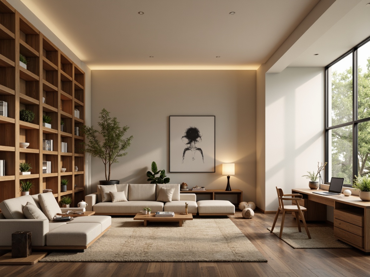 Prompt: Cozy living room, modern sectional sofa, wooden coffee table, floor lamps, plush area rug, minimalist decor, functional shelving units, ergonomic chairs, spacious desk, organized storage cabinets, natural wood accents, creamy wall colors, soft warm lighting, shallow depth of field, 1/2 composition, realistic textures, ambient occlusion.