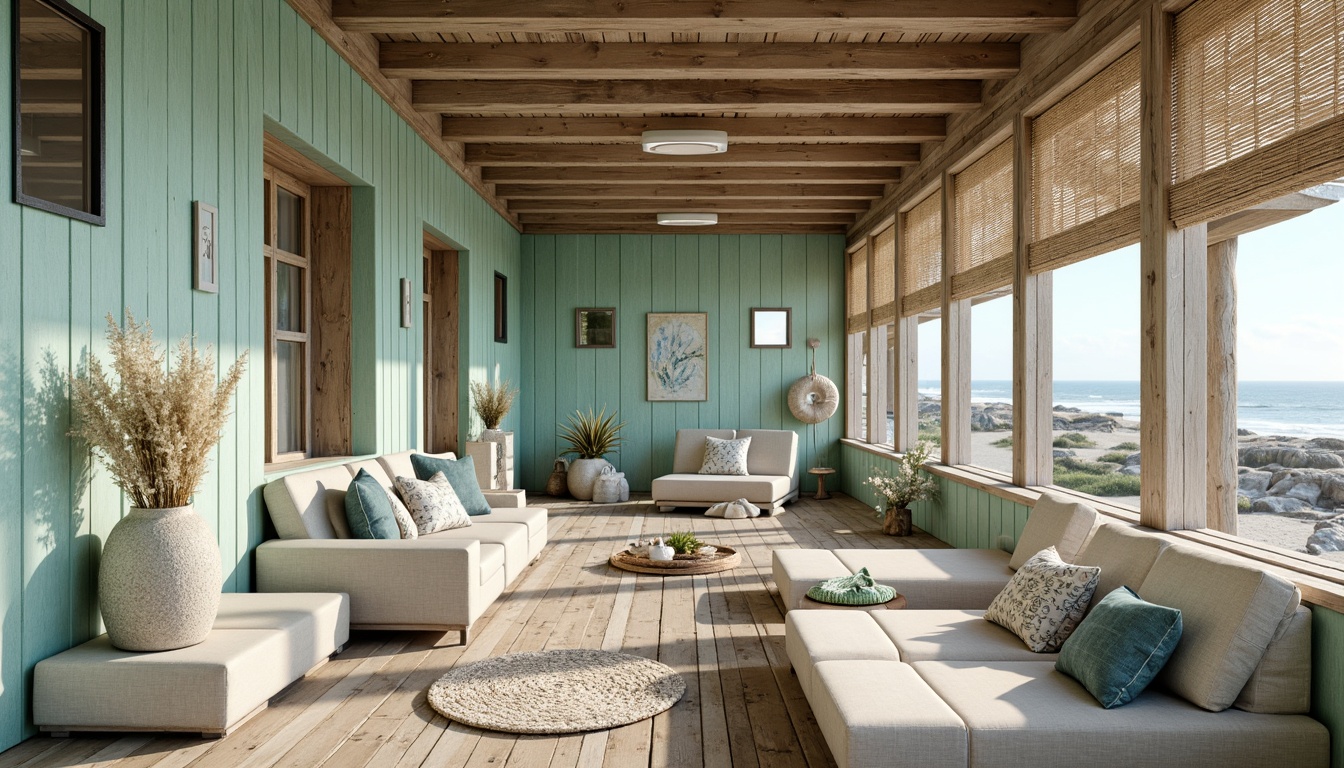 Prompt: Rustic wooden planks, distressed driftwood textures, soft seafoam green walls, calming ocean blue hues, natural stone accents, woven seagrass patterns, coral-inspired mosaic tiles, weathered metal decorative trims, reclaimed wood shiplap, beachy vibe, serene coastal atmosphere, warm sunlight, gentle ocean breeze, shallow depth of field, 1/2 composition, realistic textures, ambient occlusion.