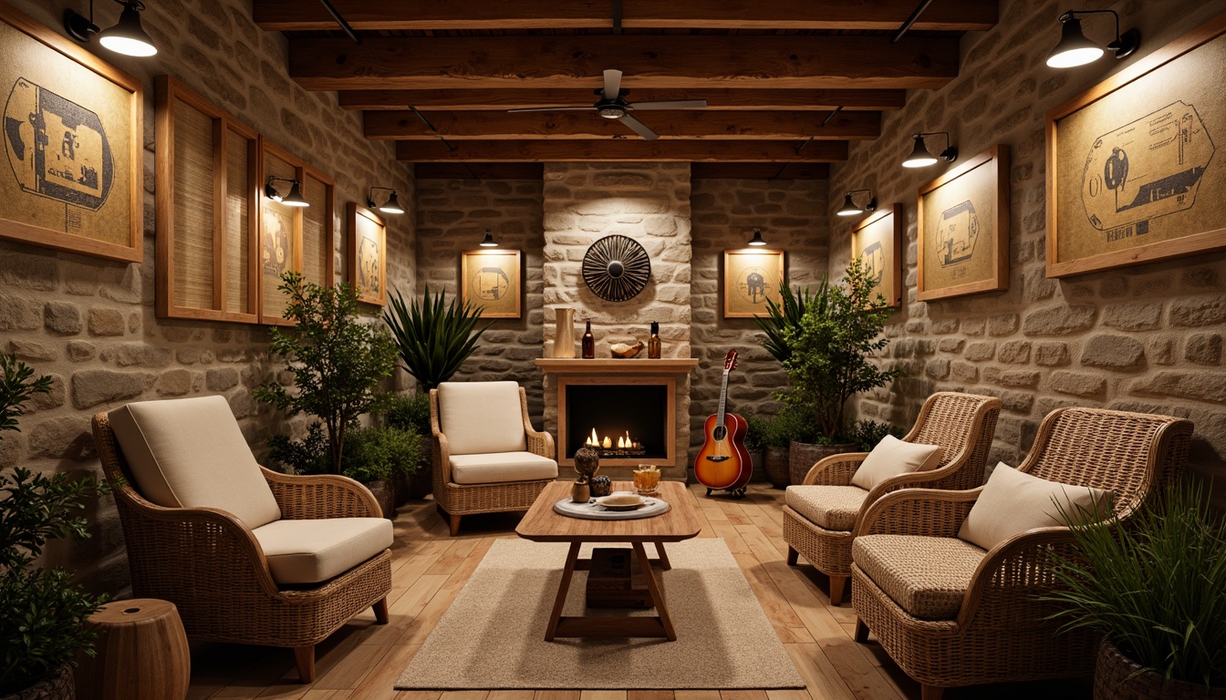 Prompt: Rustic wooden accents, natural stone walls, earthy tones, vintage musical instruments, reclaimed wood flooring, exposed beam ceilings, cozy intimate settings, warm soft lighting, acoustic panels in natural wood finishes, woven textile upholstery, distressed metal decorations, earthy plant life, warm color palette, 3/4 composition, shallow depth of field, realistic textures, ambient occlusion.