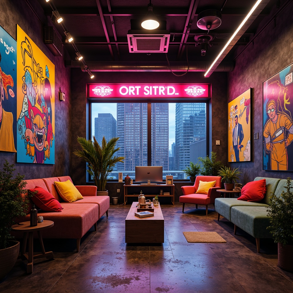 Prompt: Vibrant art studio, eclectic furniture, bold color blocking, contrasting textures, industrial metal accents, reclaimed wood elements, urban cityscape backdrop, modern abstract artwork, neon signage, edgy architectural lines, dramatic shadowing, high-contrast lighting, 1/1 composition, cinematic mood, atmospheric fog effect, avant-garde style.