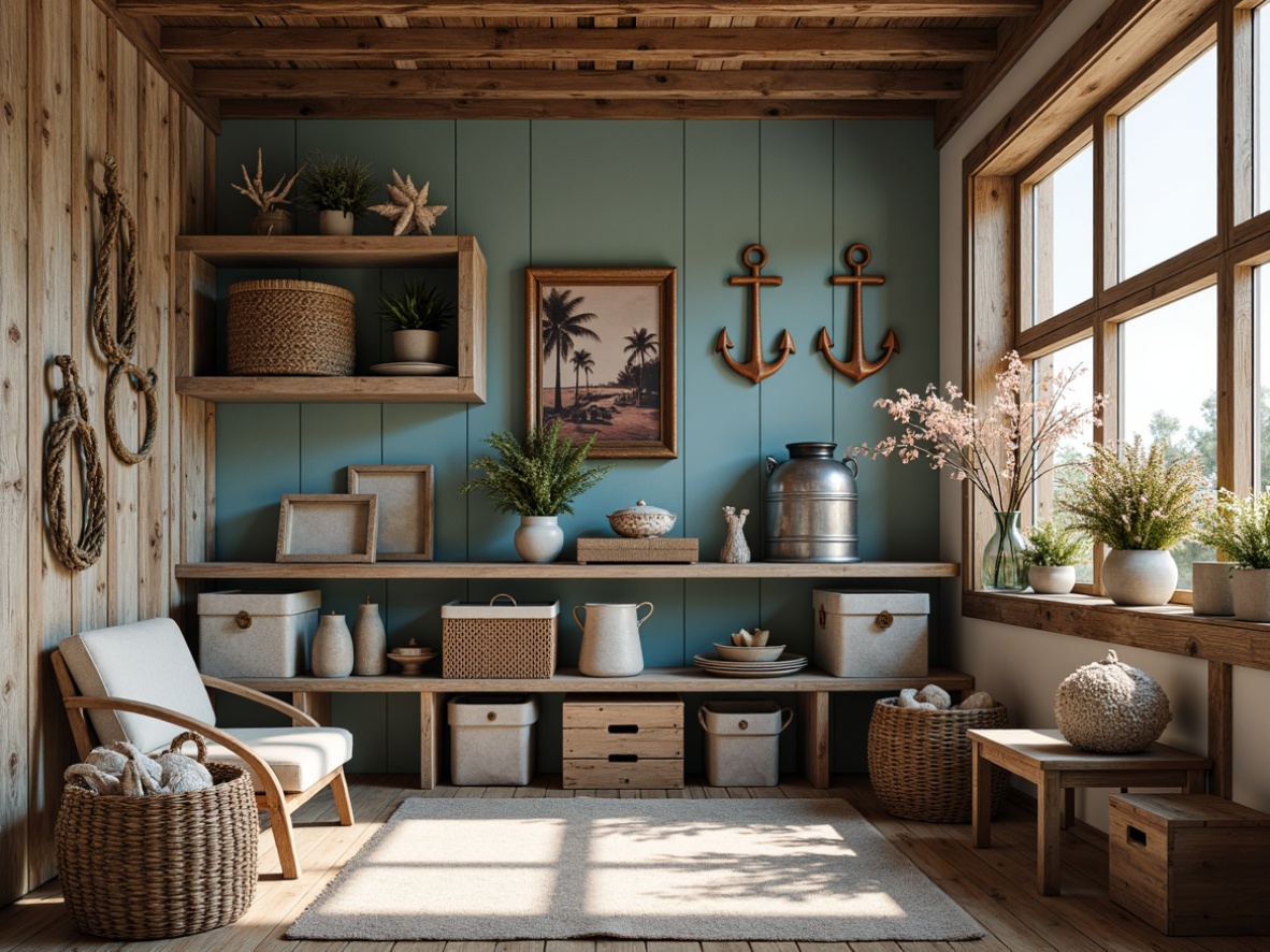 Prompt: Coastal-themed storage room, distressed wood accents, nautical ropes, vintage anchors, driftwood decorations, seashell-filled vases, ocean-blue walls, natural fiber rugs, woven baskets, canvas storage bins, galvanized metal shelves, reclaimed wood crates, coral-patterned textiles, soft warm lighting, 1/1 composition, intimate atmosphere, subtle textures.