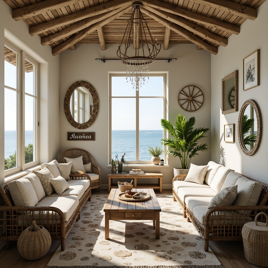 Prompt: Serene coastal scenery, driftwood decorative accents, ocean-inspired color palette, natural textures, woven rattan furniture, linen upholstery, shell-adorned mirrors, coral-patterned rugs, distressed wood finishes, nautical-themed accessories, vintage beach signs, glass bottle chandeliers, soft blue-green hues, warm golden lighting, shallow depth of field, 1/2 composition, relaxed atmosphere, realistic reflections, ambient occlusion.