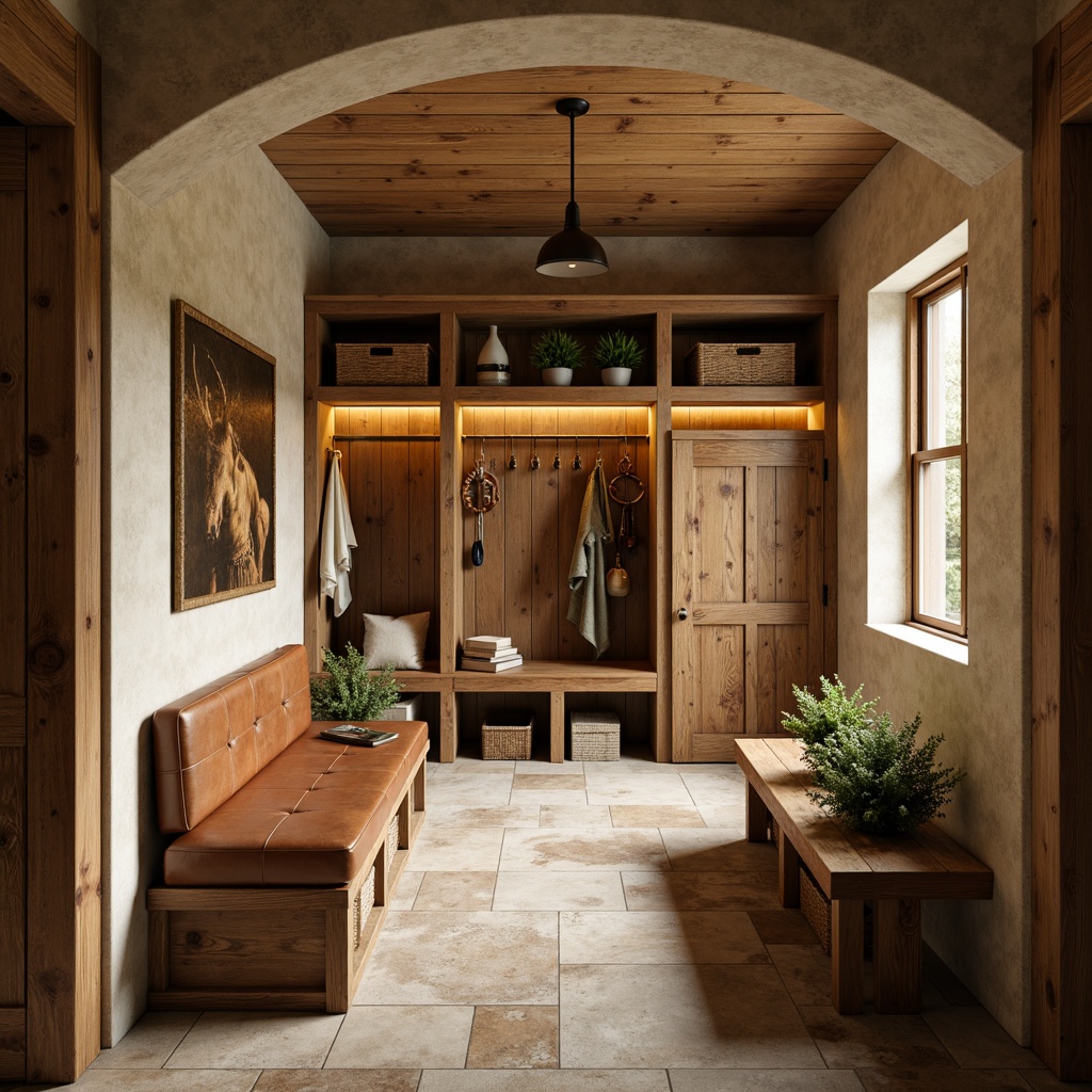 Prompt: Rustic mudroom, earthy tones, warm beige walls, natural wood accents, rich brown leather benches, vintage metal lockers, distressed wooden crates, soft creamy lighting, worn stone flooring, organic textures, cozy atmosphere, 1/1 composition, shallow depth of field, realistic materials, ambient occlusion.