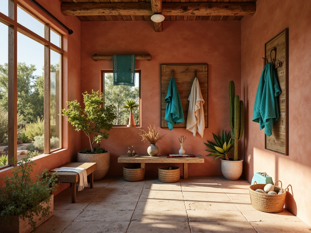 Prompt: Southwestern-style mudroom, warm earthy tones, natural stone flooring, woven baskets, rustic wooden bench, distressed leather accessories, vibrant turquoise accents, bold geometric patterns, woven textiles, desert-inspired plants, cacti and succulents, sunny warm lighting, shallow depth of field, 3/4 composition, panoramic view, realistic textures, ambient occlusion.