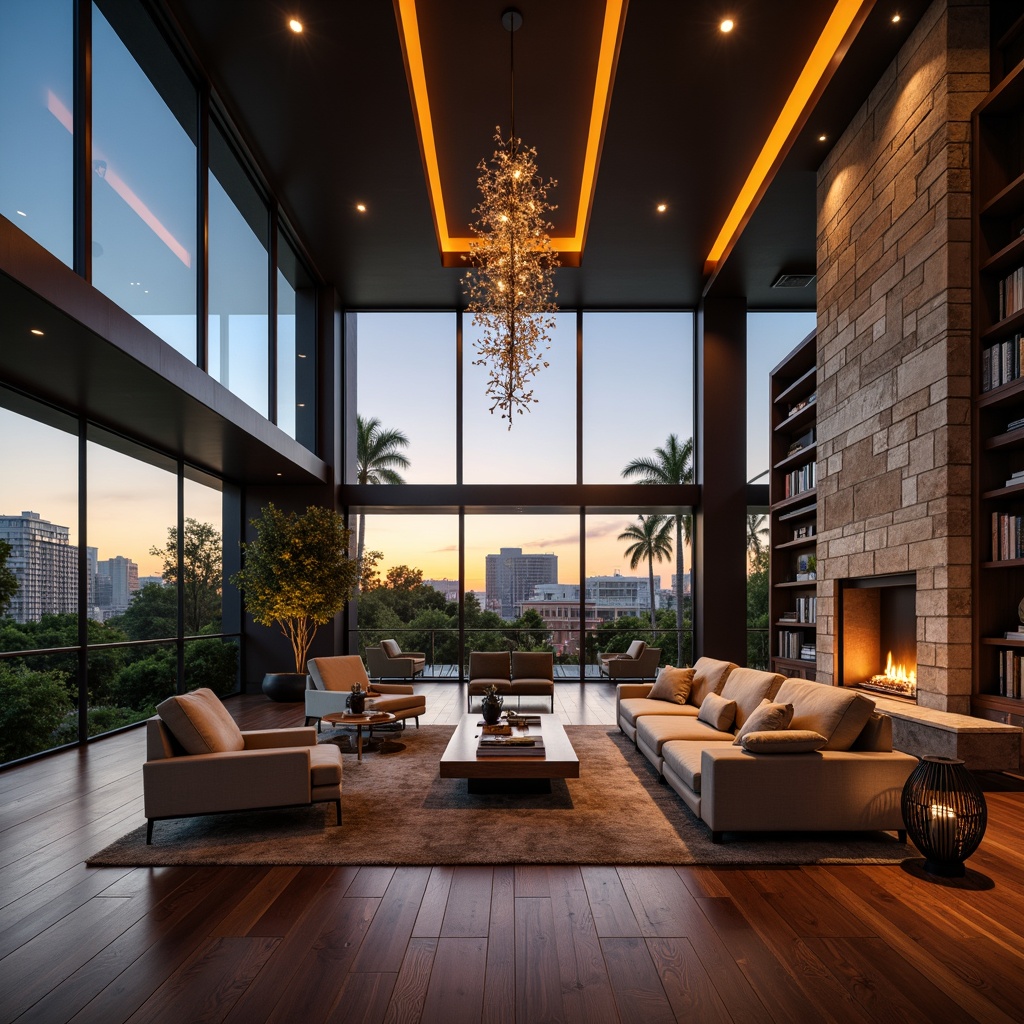 Prompt: Modern great room, high ceilings, floor-to-ceiling windows, sleek wooden floors, minimalist decor, ambient warm lighting, table lamps, floor lamps, recessed ceiling lights, LED strip lights, crystal chandeliers, cozy reading nooks, plush sofas, oversized armchairs, natural stone fireplaces, built-in shelves, cityscape views, sunset ambiance, soft warm glow, 1/1 composition, shallow depth of field, realistic textures.